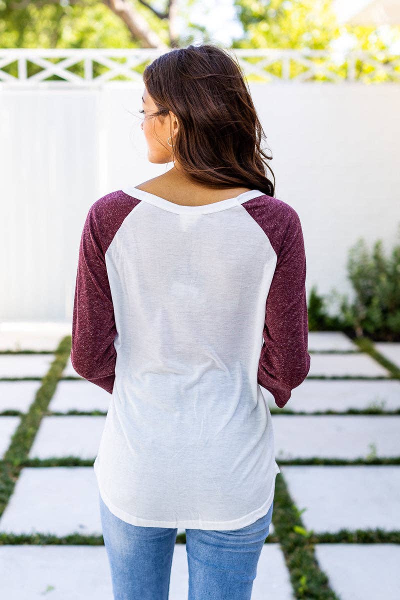 MRN White 3/4 Tee with Maroon Sleeves for wholesale on Faire4