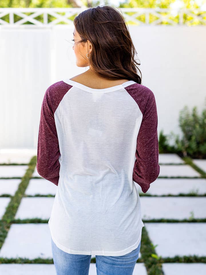 MRN White 3/4 Tee with Maroon Sleeves for wholesale on Faire4