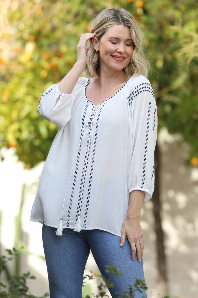 Nostalgia - Wholesale Blouse - Women's - N2M93-ASIS EMBROIDERED TIE NECK BLOUSE6