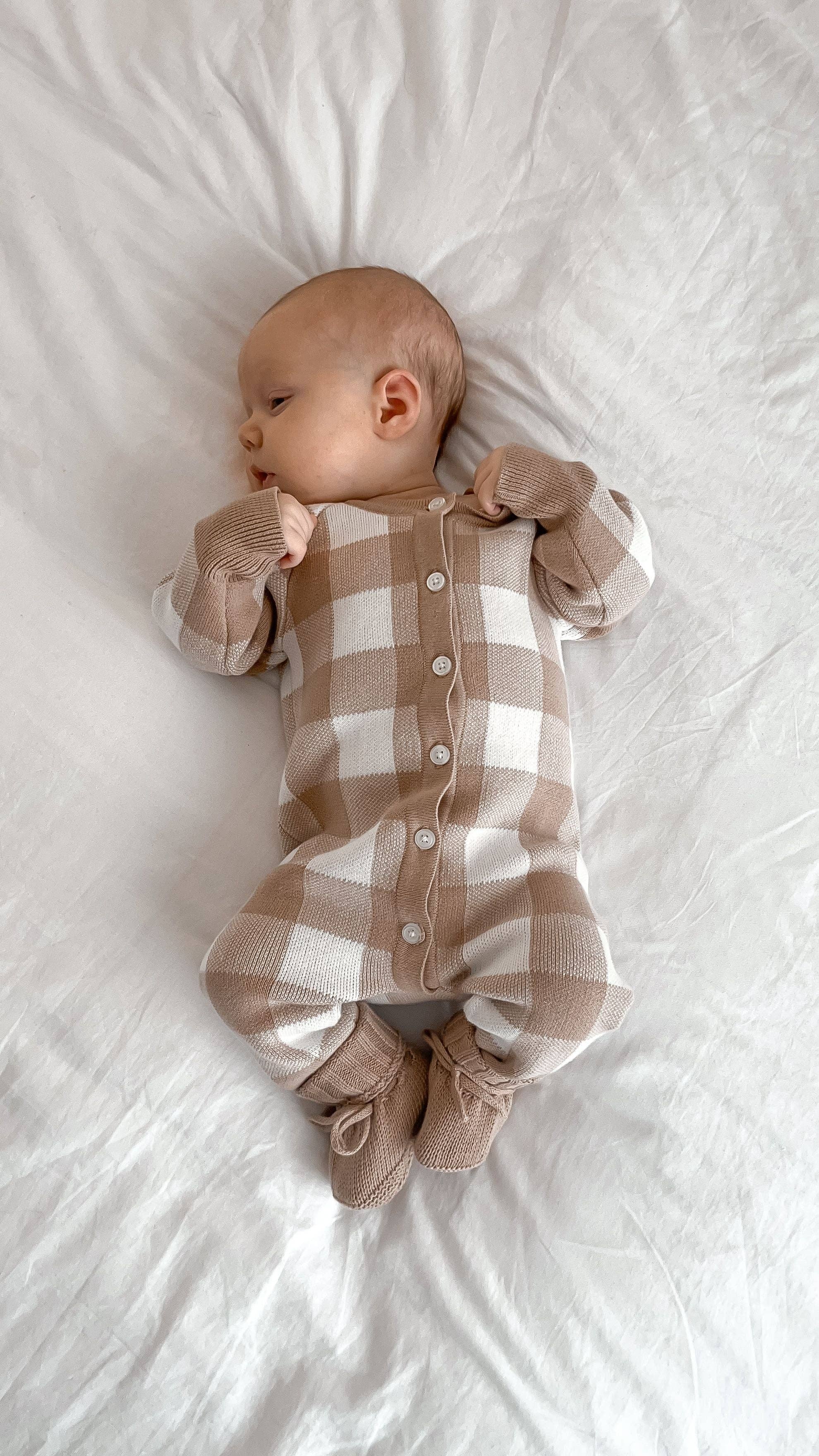 Petite + Co - Wholesale Jumpsuit – Baby - GINGHAM ROMPER | TEDDY BROWN1