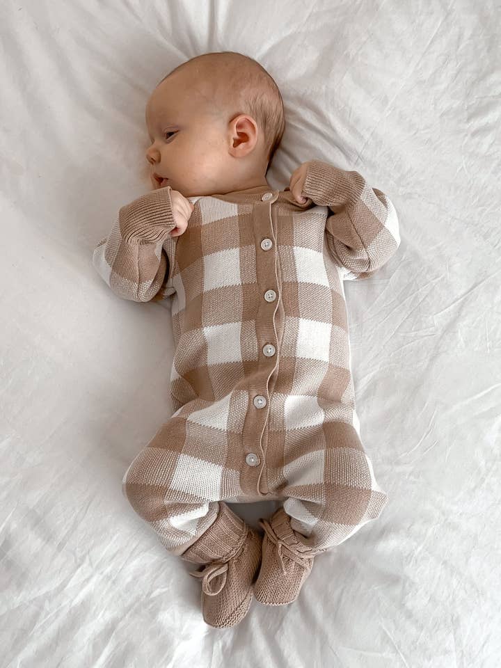 Petite + Co - Wholesale Jumpsuit – Baby - GINGHAM ROMPER | TEDDY BROWN1