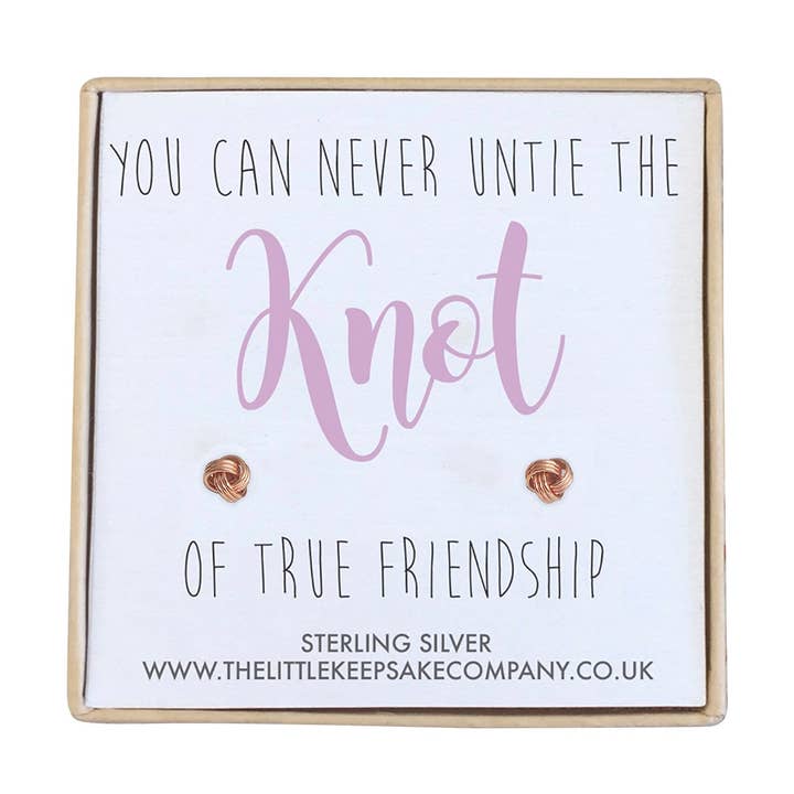 Pendientes de oro rosa bañado en plata bañada en oro rosa con texto en inglés «You Can Never Unate The Knot of True Friendship» para venta al por mayor de The Little Keepsake Company