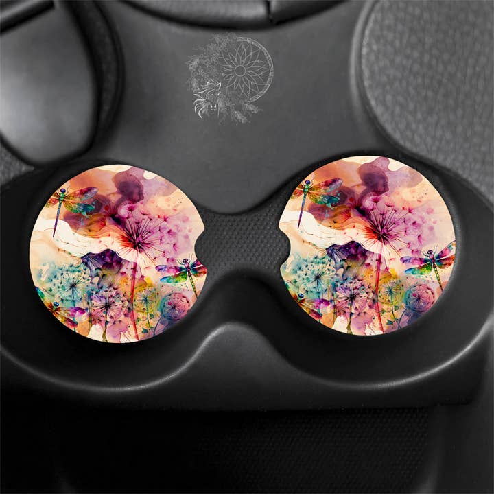 Posavasos para coches con forma de libélulas en acuarela para venta al por mayor de Dark Horse Dream Designs LLC