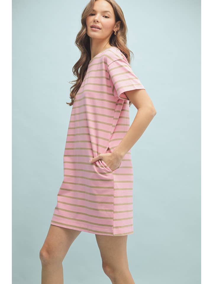 PINK MOCHA STRIPED T-SHIRT MINI DRESS / WL24-9641 for wholesale on Faire