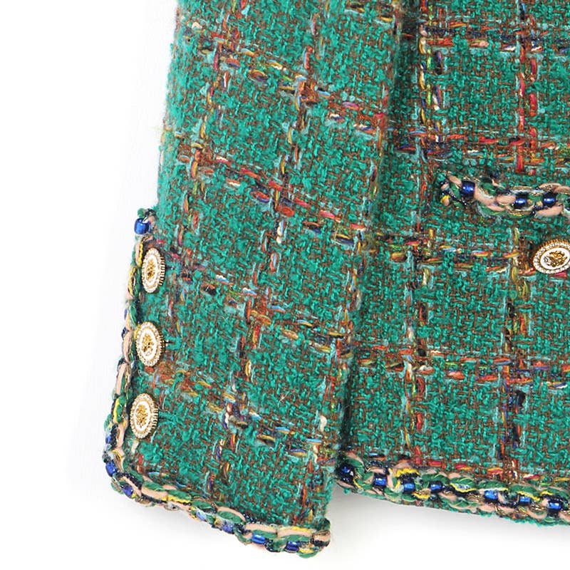 Vert Veste en tweed de laine d'automne 69Y 2025 avec tissage à carreaux exquis en vente sur Faire5
