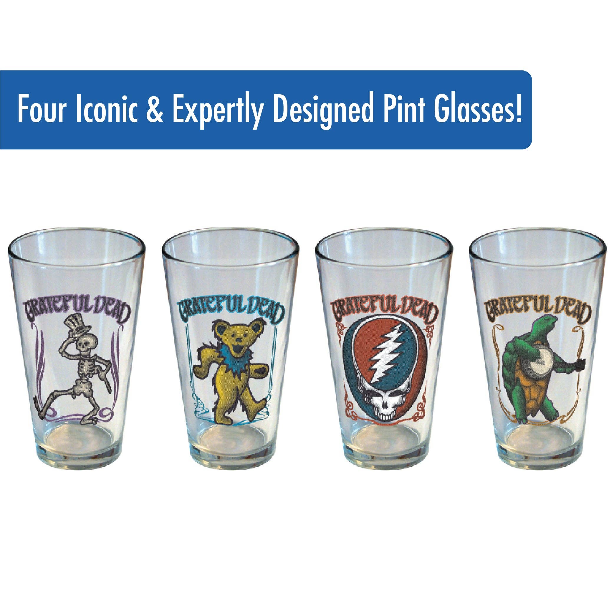 AQUARIUS, GAMAGO, ICUP, & ROCK SAWS by NMR Brands - Wholesale Drinking Glass/Cup - Grateful Dead Retro Drinking Glass Set - Terrapin, Stealie,1
