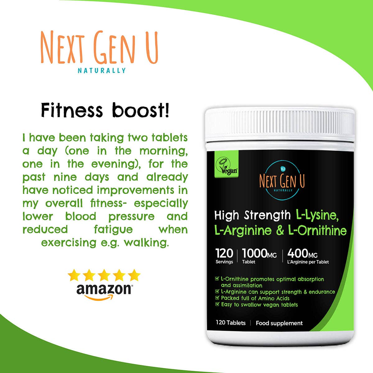 Next Gen U - Vente Supplément oral/vitamine - 120 comprimés de L-lysine, L-arginine et L-ornithine 1000 mg5