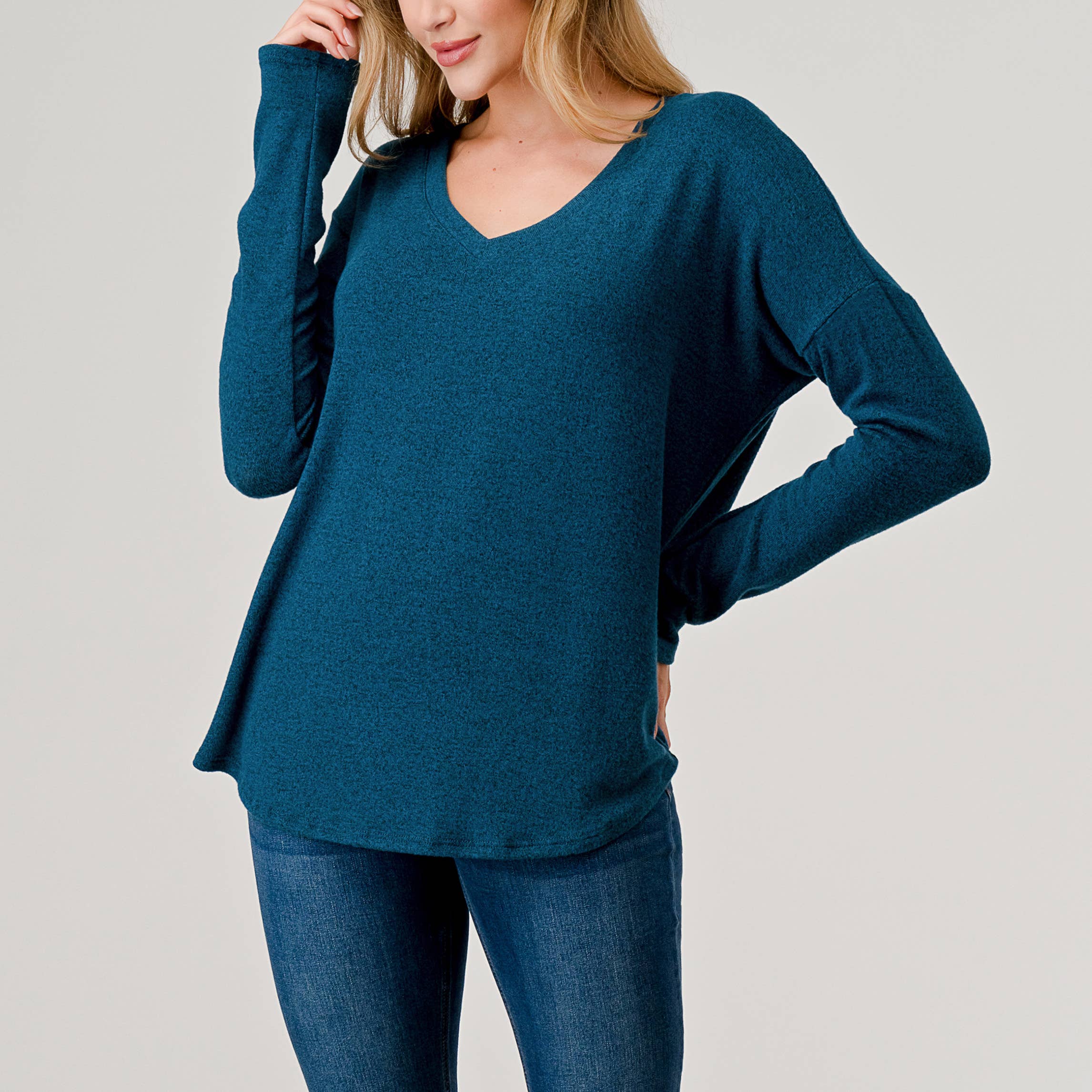 Heimious - Wholesale Knit Top - Women's - Long Sleeve V-neck Brushed Knit Top, 273811