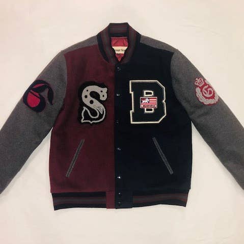 Color Block Wool Varsity jacket with patches for wholesale by The Lud