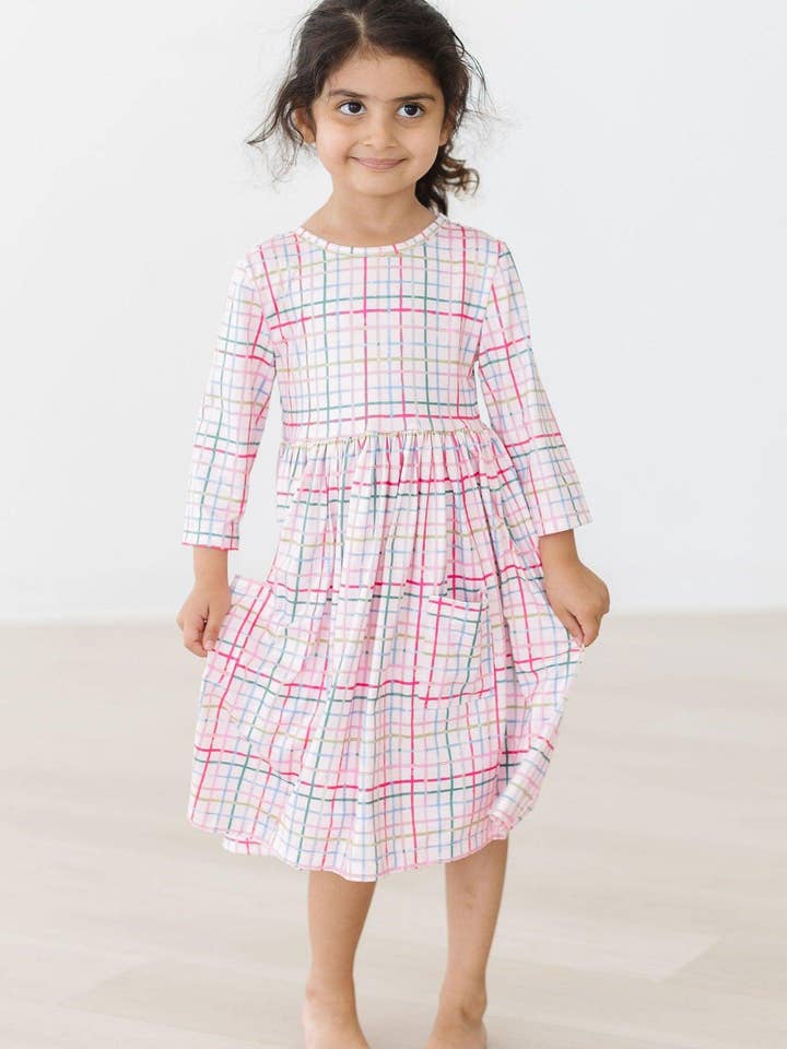 Mila & Rose - Wholesale Dress - Kids - Pink Plaid 3/4 Sleeve Pocket Twirl Dress3