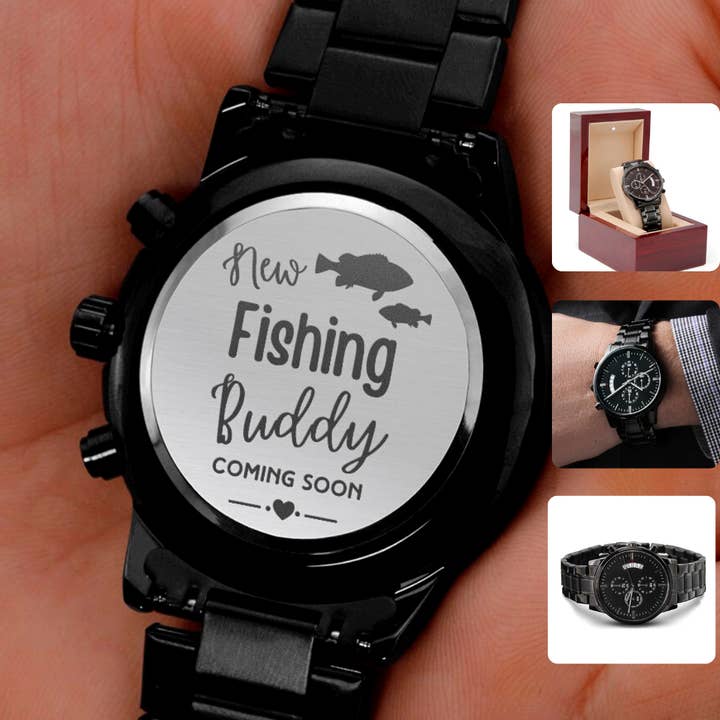 Graviditetsafsløring til ny far | Fiskekammerat kommer snart | Mænds indgraveret ur | Begrænset udgave for engroshandel hos Carpe Diem Gifts