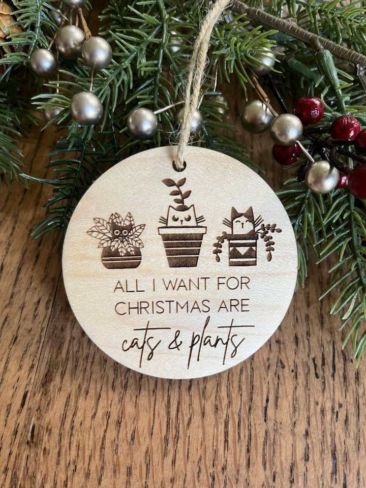Funny cats and houseplant lover Wooden Christmas Ornament for wholesale by Rustic Raleigh