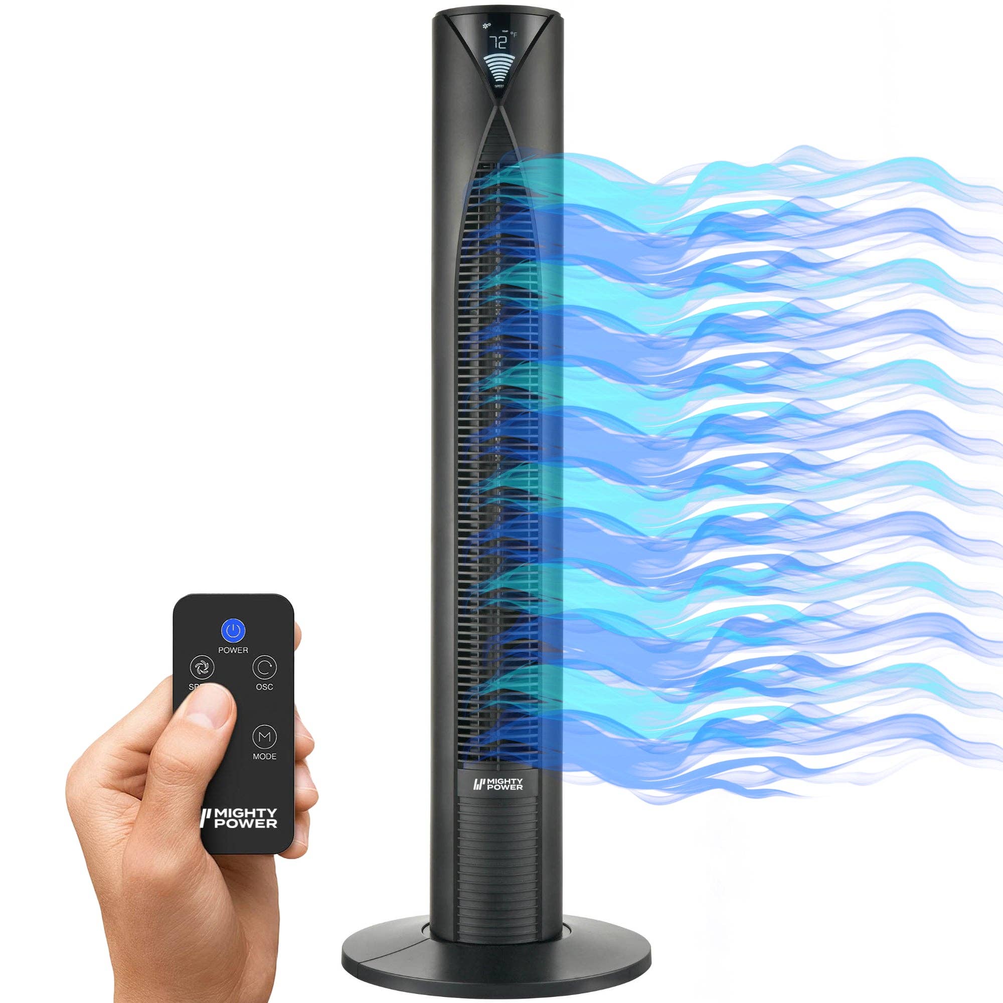 ShopBobbys - Wholesale Electric Fan - MIGHTY POWER 3 Speed LED Tower Fan With Remote Control, Timer, Night Mode, Black, 38 Inches0