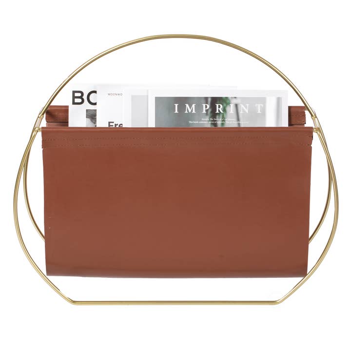 Quickway Imports - Wholesale Magazine Rack - Gold Metal and Brown Leather Freestanding Magazine Rack