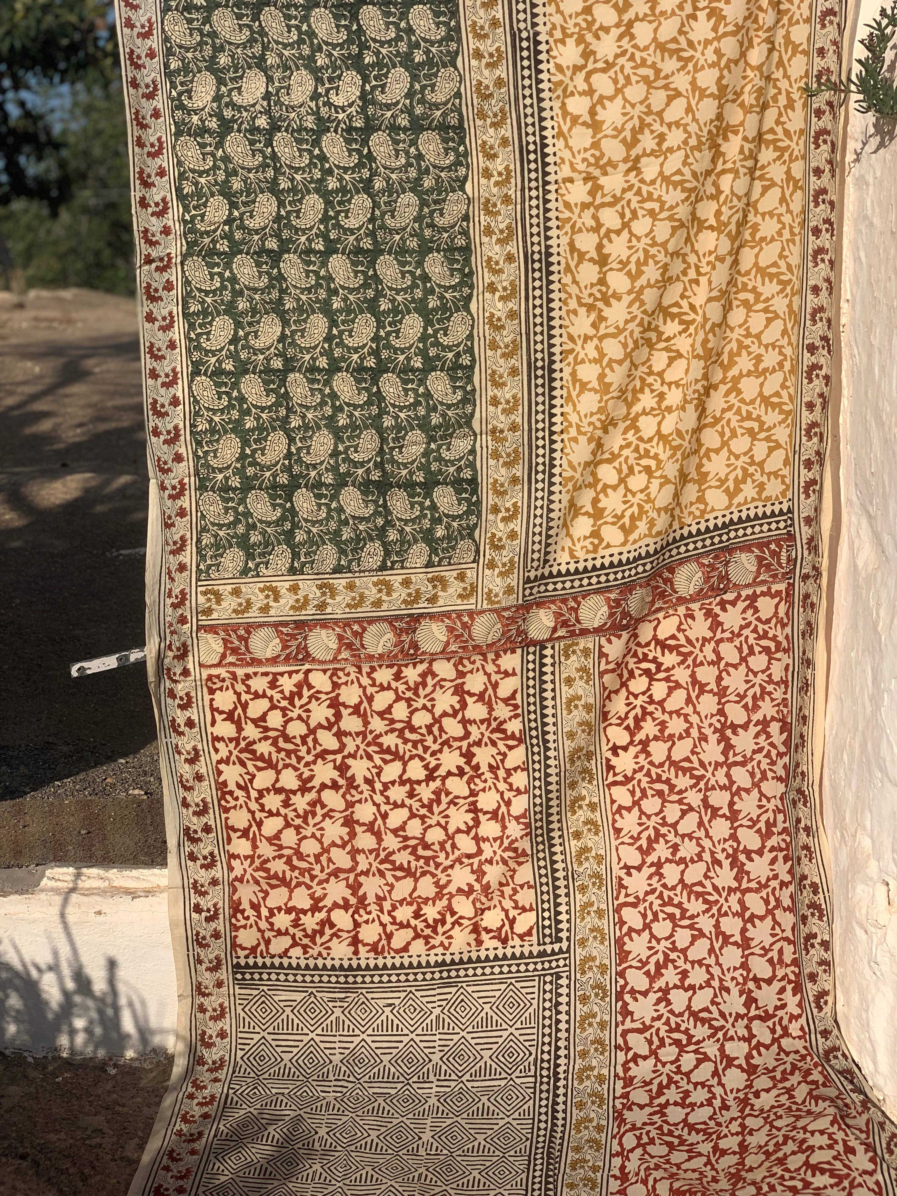 Aurobelle Ibiza – wholesale Scarf – Women's – Big size Bagru Sarong  , dupatta - Pareo  -green flower /block print cotton shawl  Red flower new collection1