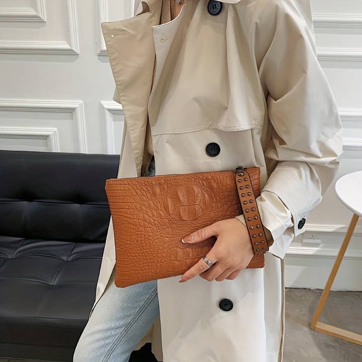BBTOHOUSE - Wholesale Clutch Bag - Women's - Crocodile Pattern Square Clutch Bag - Zipper Closure, Fixed Shoulder Straps, Animal Print PU Handbag with Polyester Lining and Wristlet - Fashionable Studded Decor for Women