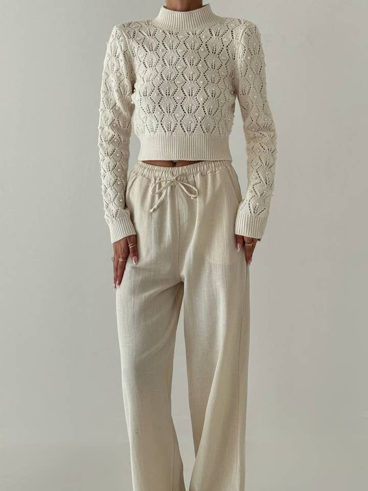 W-4361b Pearl-Embellished Knit Crop Top for wholesale by FAME GREECE