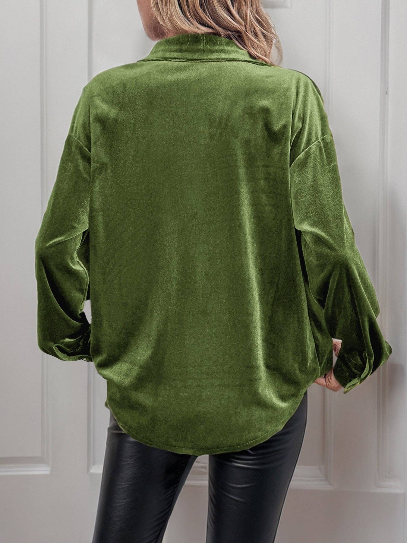 Suhkasana - Wholesale Button Down Shirt - Women's - Solid Velvet Button-Up Lantern Sleeve Collared Blouse8