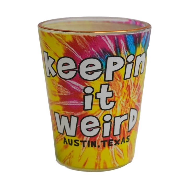 Keepin' It Weird Gold Rim Shot Glass - 1.5 oz. for wholesale by Scruffy's Ventures Inc.