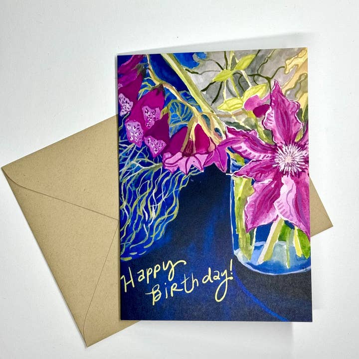 'Happy Birthday' Clematis greeting card for wholesale by Ferry Kiss Studio