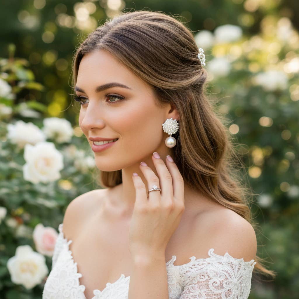 Athena Bridal Jewellery - Wholesale Dangle Earrings - ATHENA COLLECTION - PEARL CLUSTER EARRINGS - CZER869 GOLD2