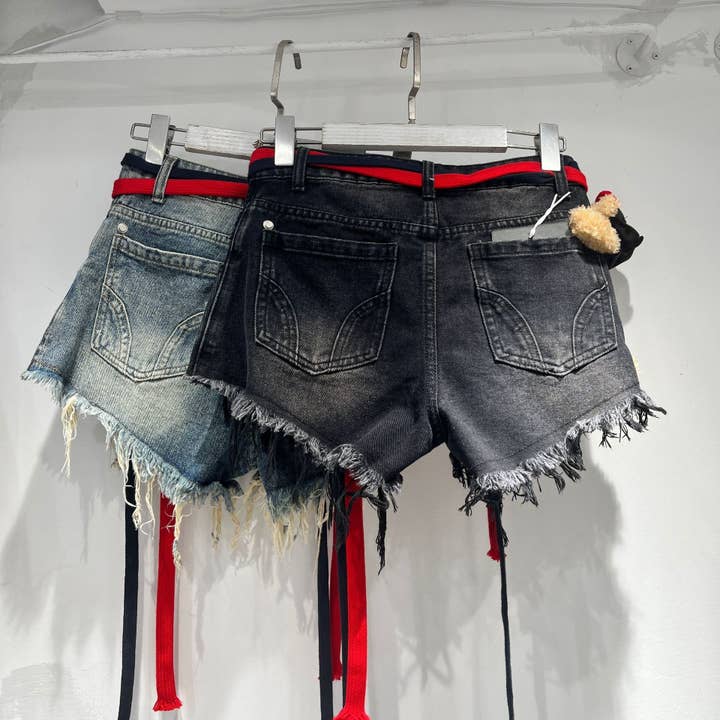 Sanyao Fashion - Wholesale Shorts - Women's - M127 Playful Patchwork High Waist Raw Hem Denim Shorts4