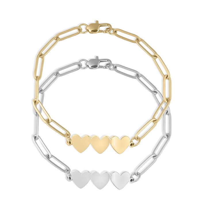 Stainless Steel Engravable 3 Heart Paperclip Bracelet for wholesale by WJW