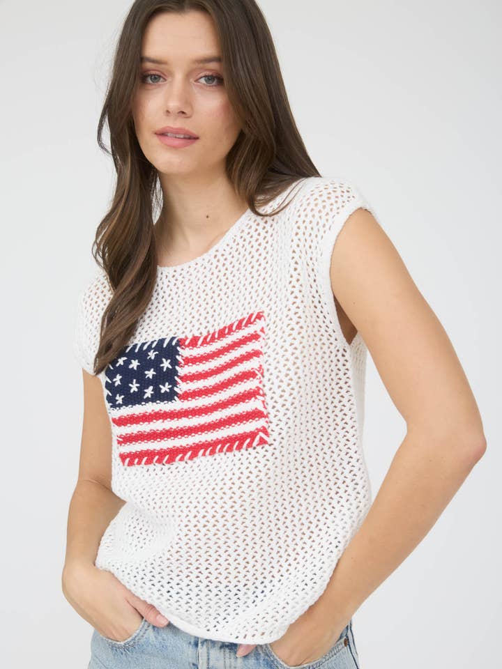 PLUS AMERICAN FLAG CROCHET KNIT SWEATER TOP for wholesale by Blu Pepper