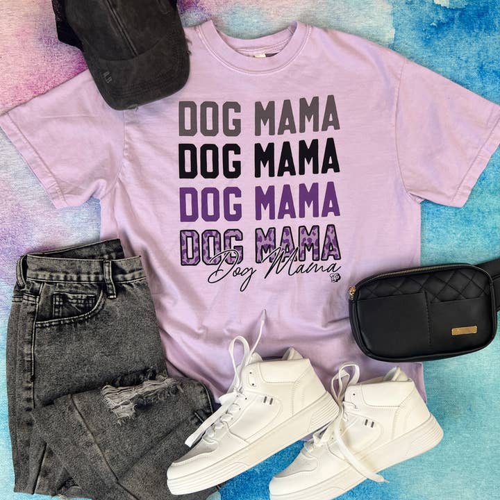 Dog Mama Repeat Purple Leopard Tee Top Shirt | DP1131 for wholesale by The Dapper Paw