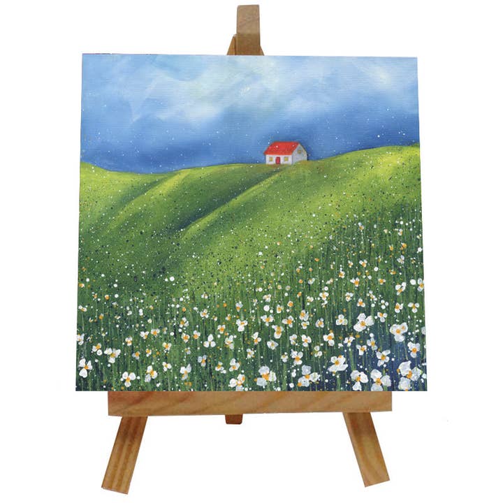 Cottage in the Daisies Tile with Easel for wholesale by Emily Ward Art