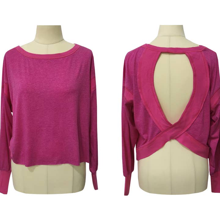 HIDDENBRAND - Wholesale T-Shirt - Women's - Slouchy wrapped cutout back workout long sleeve Tee3