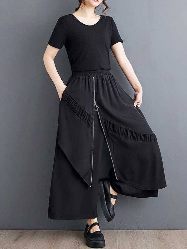 Plush Looks - Wholesale Pants - Women's - High Waisted Loose Elasticity Pleated Pockets Split-Joint Zipper Culotte Pants7