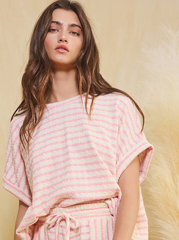 T2253B Textured Stripe Short Dolman Sleeve Top for wholesale by BUCKETLIST INC