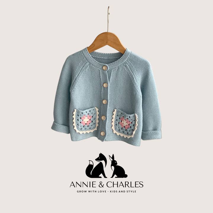 Annie & Charles® Cardigan with Floral Pockets “Bluebell" for wholesale by Annie & Charles