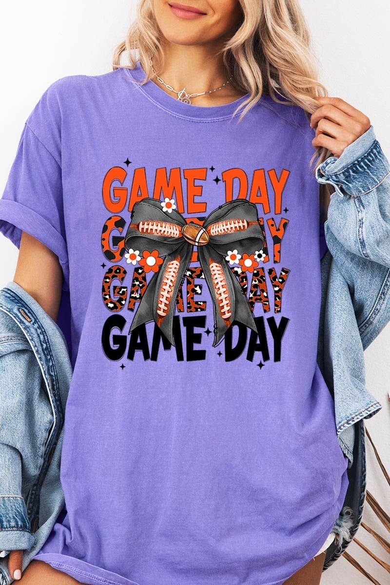 Pink Irene Wholesale – wholesale Tröjor – Dam – Orange Black Football GameDay Bow Plaggfärgad T-shirt5
