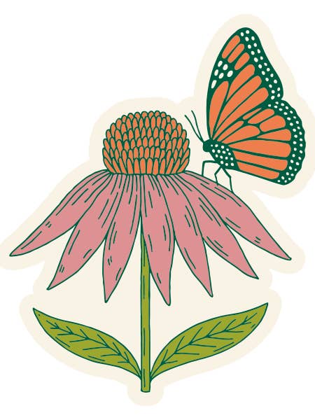 Herb + Pollinator Sticker - Echinacea & Monarch Butterfly for wholesale by Among the Oaks Herb Farm