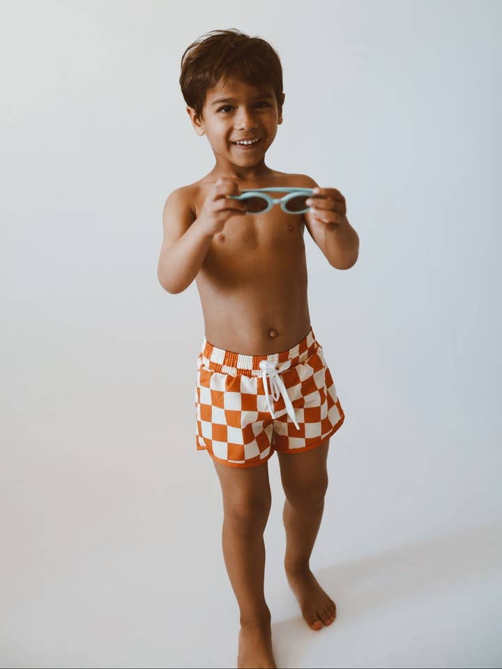 Minimalist Folk Co. - Wholesale Swim Shorts - Kids - MA-ME-MI | BOARDSHORTS | CHECKERED RUST1