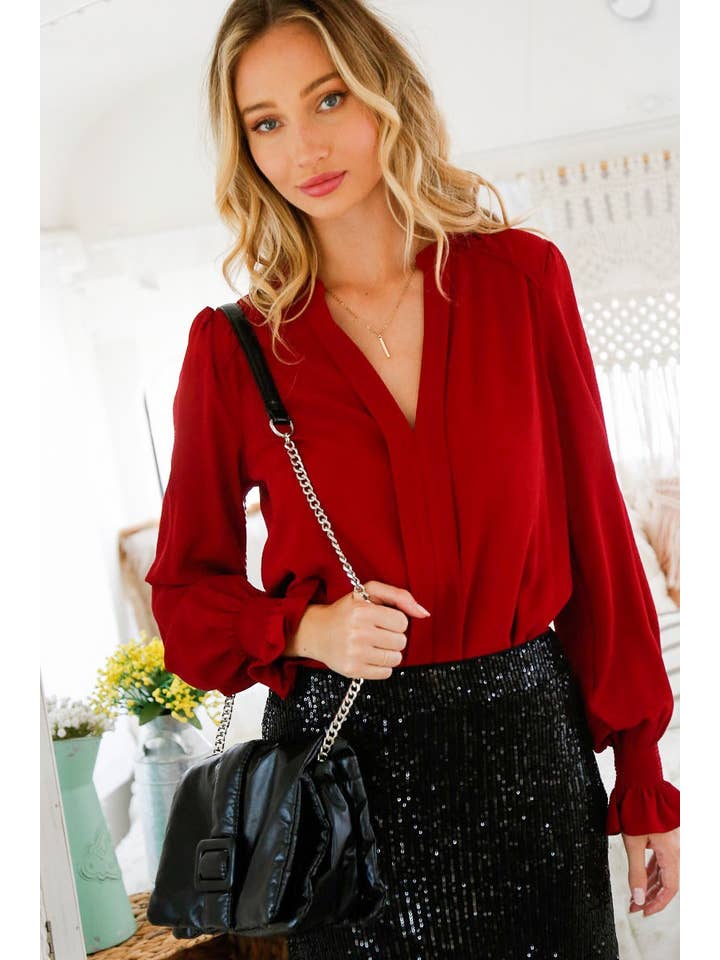 Vine & Love - Vente Chemisier – femme - Blouse smockée à encolure Henley et manches ballon VT31377D17