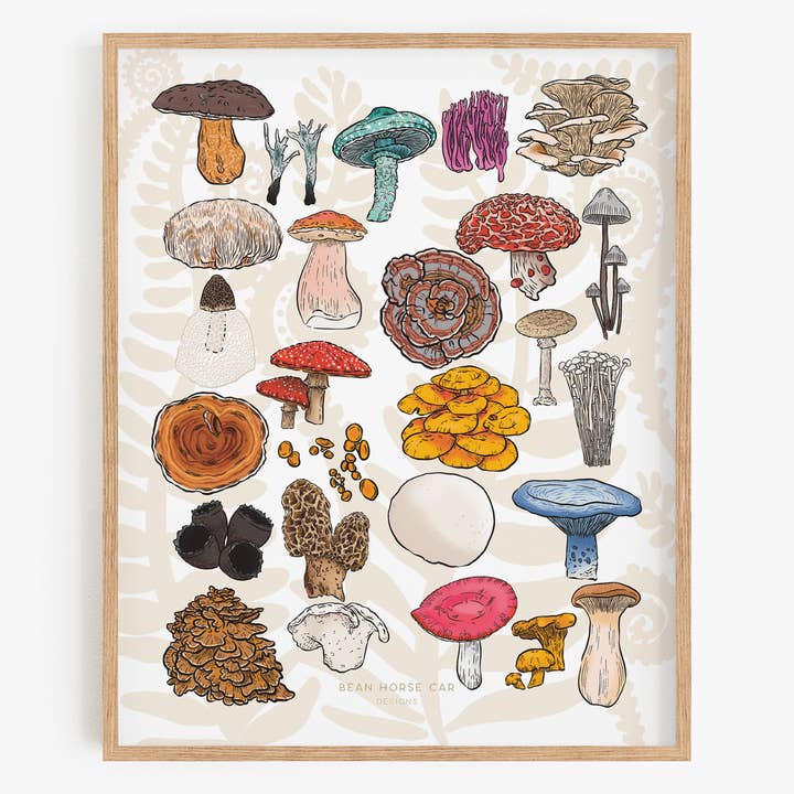 Impression artistique sur les champignons de A à Z pour la vente par Bean Horse Car Designs