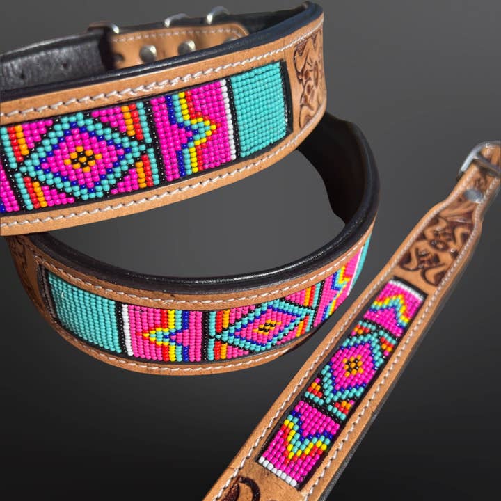 Western Tooled Leather Dog Collar Pink Turquoise Beaded for wholesale by Westrian International