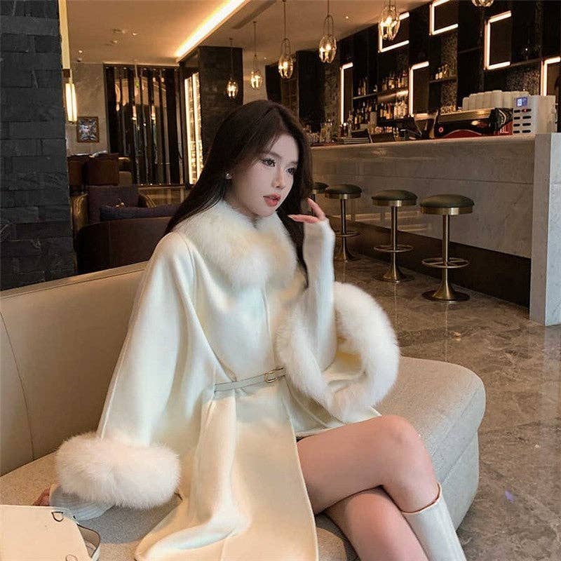 FurDecoration – wholesale Päls/fuskpäls - Dam – Lyxig dubbelvänd kashmirrock med rävpälskrage2