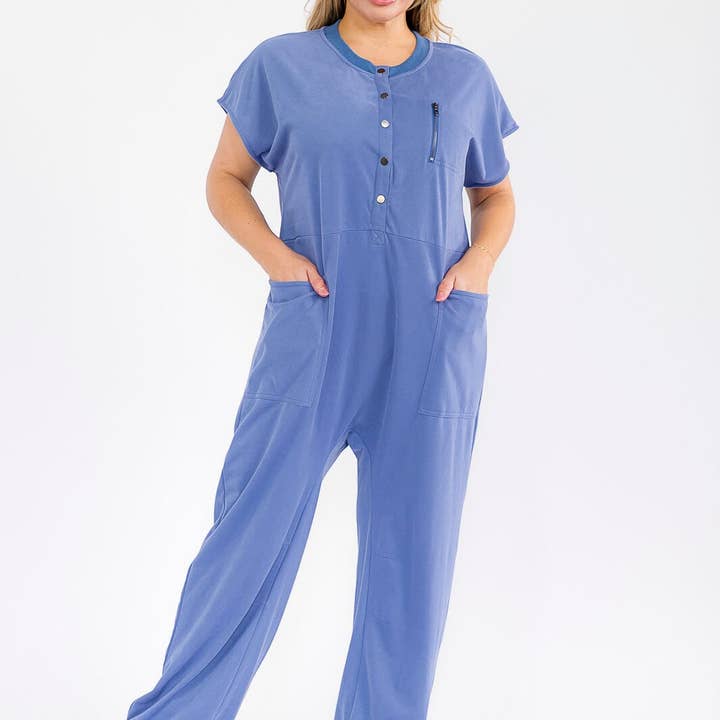 ER1169P- Plus short-sleeve buttoned knit relaxed jumpsuit for wholesale by IWT Brands