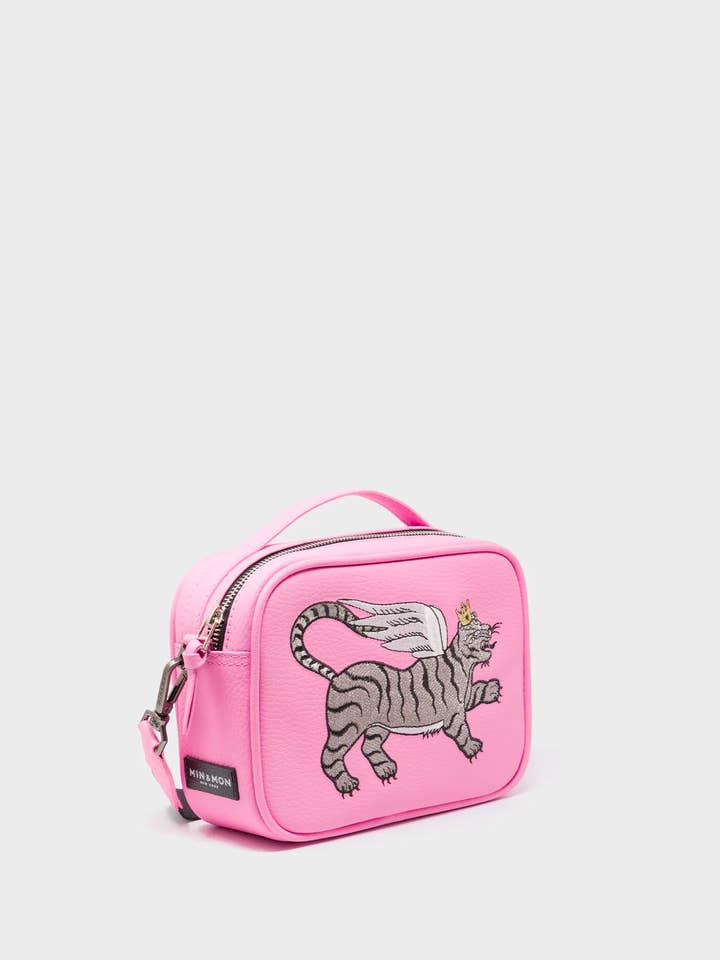 Verto Soft Neon Pink Leather Crossbody Bag - Winged Tiger Embroidery for wholesale by Min & Mon