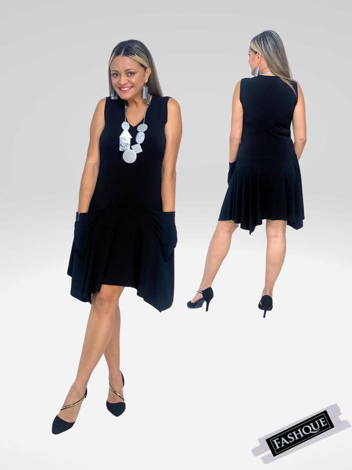 Robe midi sans manches à col en V avec poches - D104 pour la vente par Fashque Designs