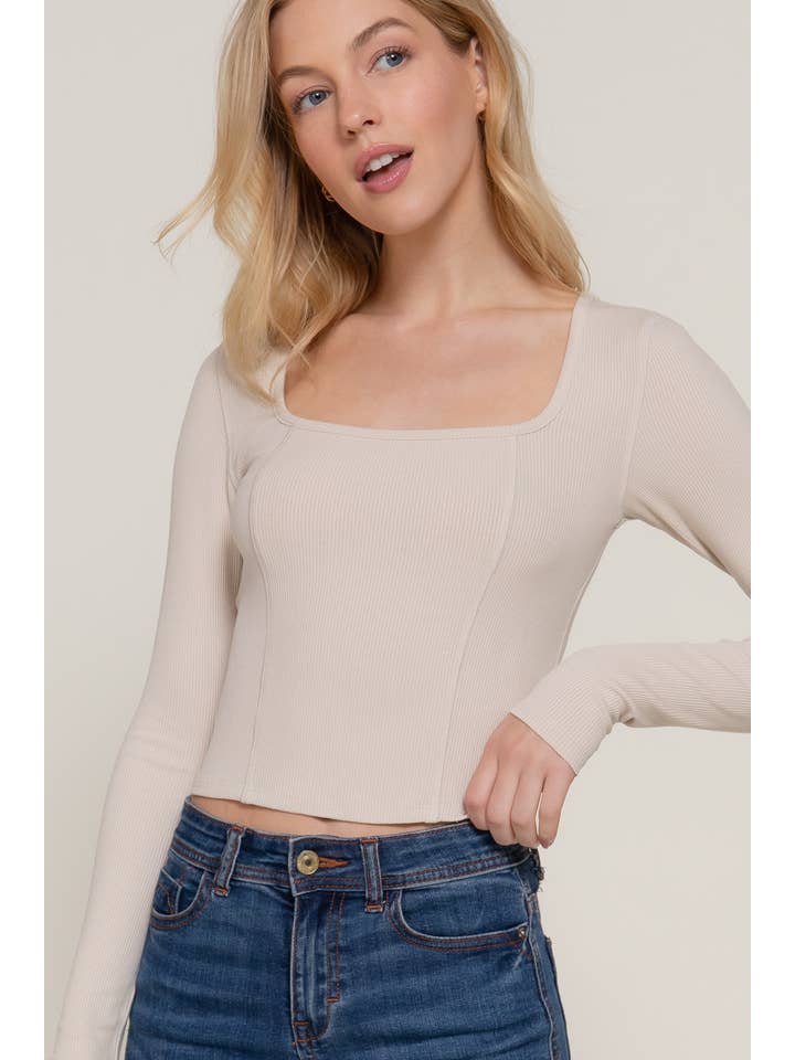 Active Basic | Active USA - Wholesale Knit Top - Women's - Long Sleeve Square Neck Corset Detail Knit Top