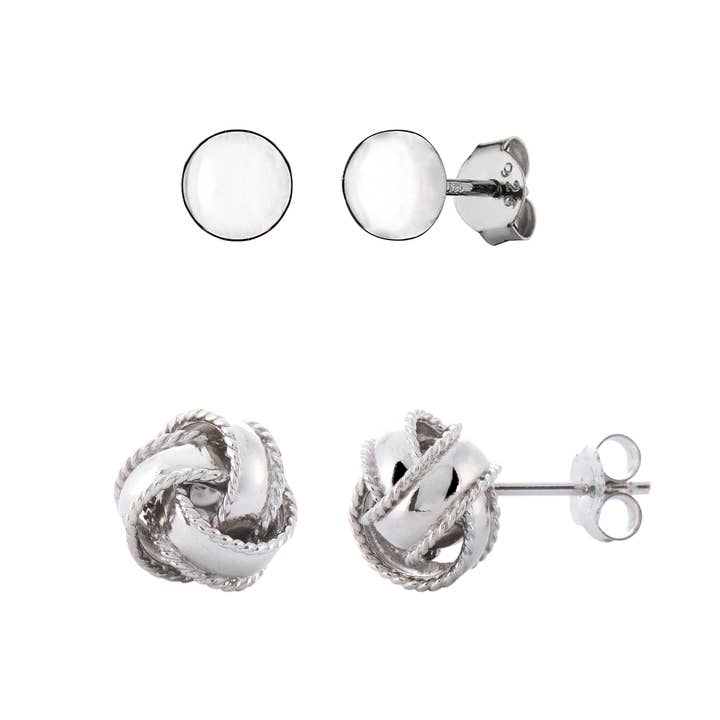 Set of 2 Sterling Silver Love Knot and Ball Stud Earrings for wholesale by Almond Tree