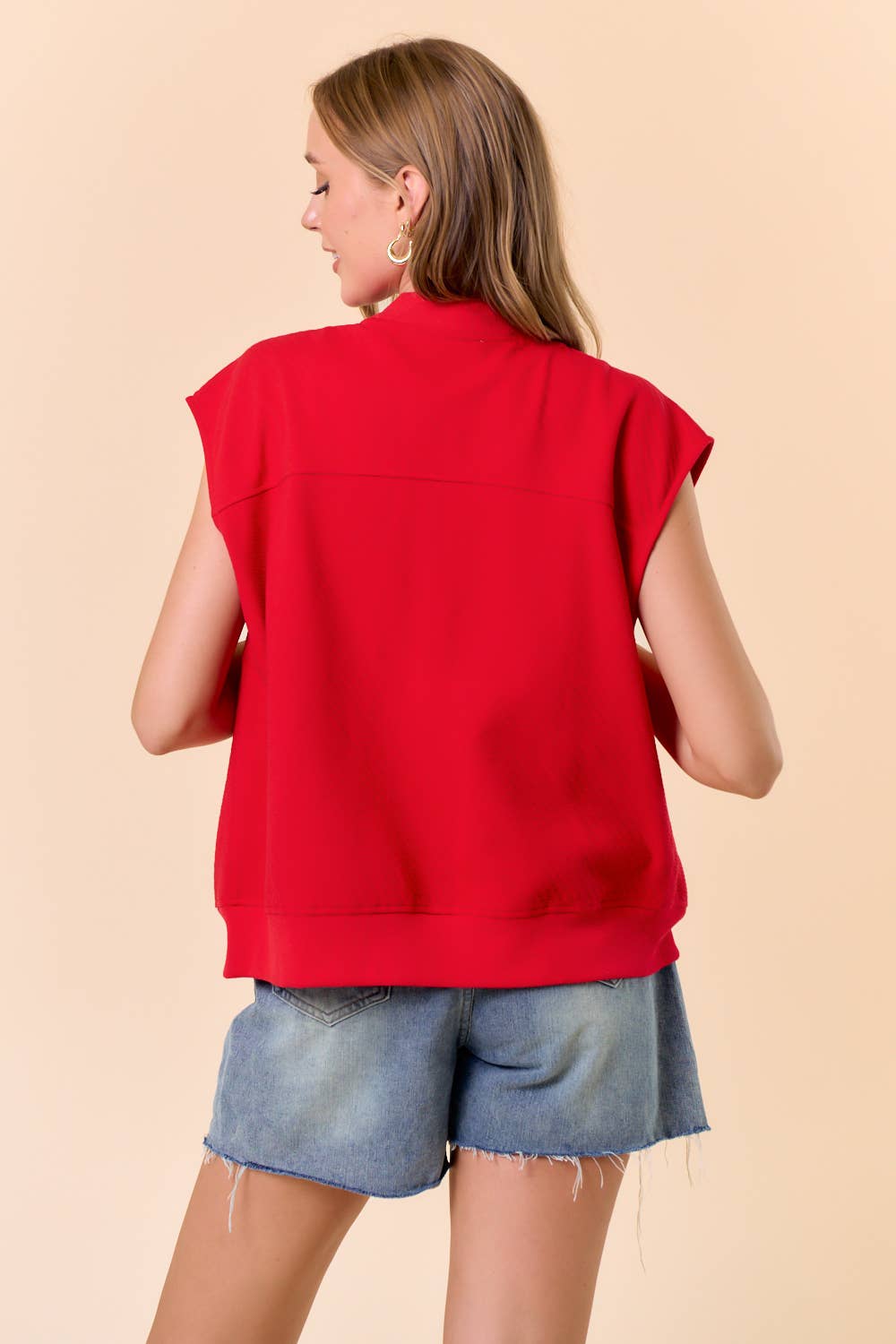 Red Round Neck Front Zip Closure Fleeced Vest - 10608J-1 for wholesale on Faire3