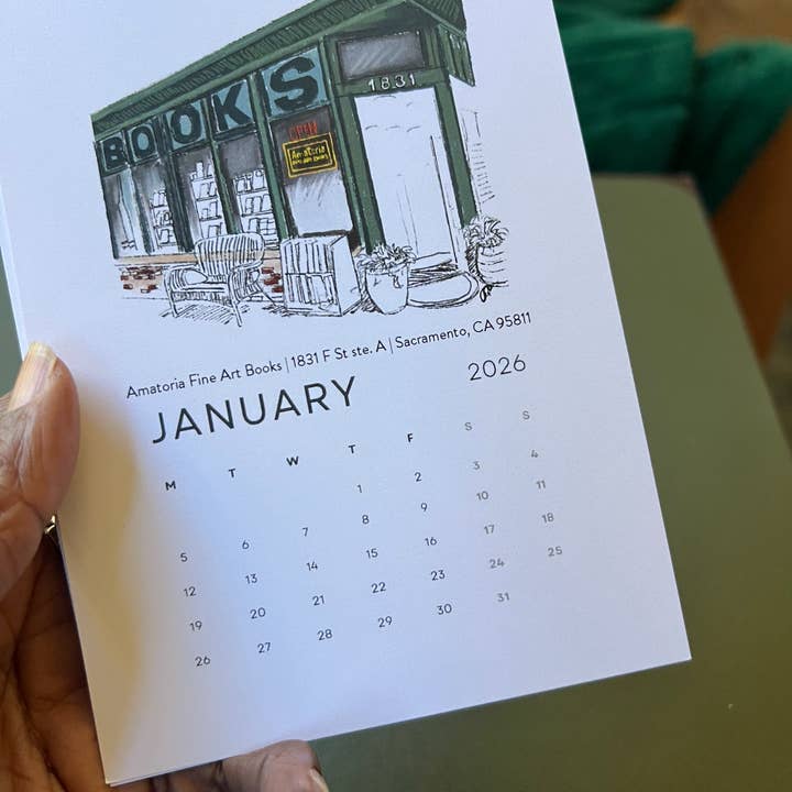 PriyaOriginalsArt - Wholesale Calendar - Bookshops of Sacramento 2026 Desktop Calendar + easel2