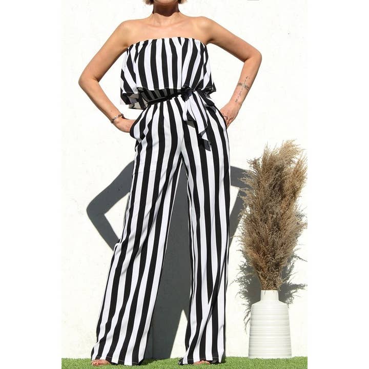 Black Pearl Clothing - Wholesale Jumpsuit - Women's - STRIPED RUFFLED TUBE WOVEN JUMPSUIT