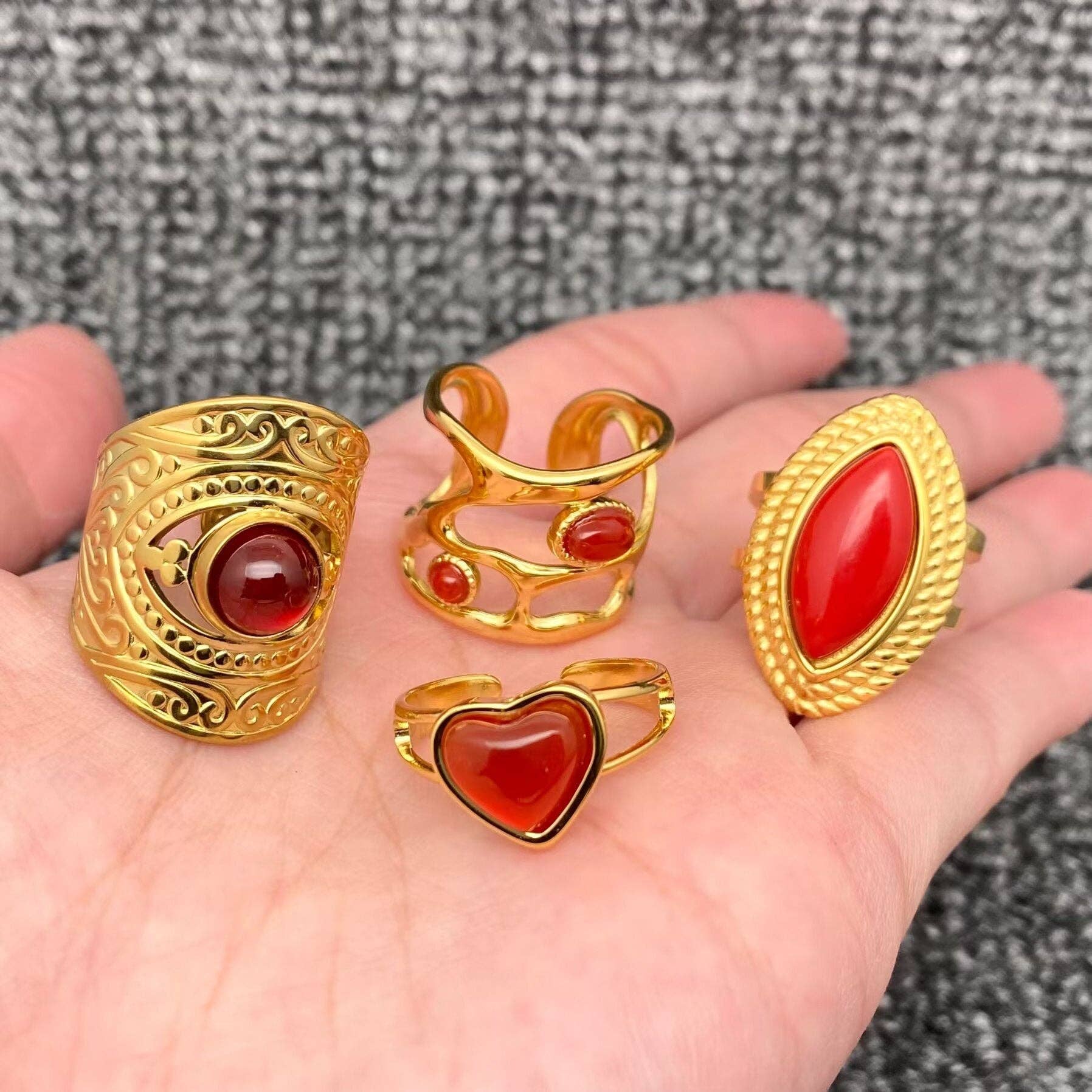 Mio Queena - Wholesale Single Stone/Solitaire Ring - Inlaid Red Agate Geometric 18K Gold Plated S.Steel Ring -FGS2